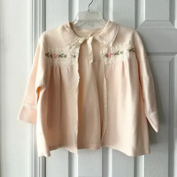 Vintage Pink Peach Fleece Fleece Lace Trim Bed Jacket Capelet No Size S/M - Picture 1 of 8